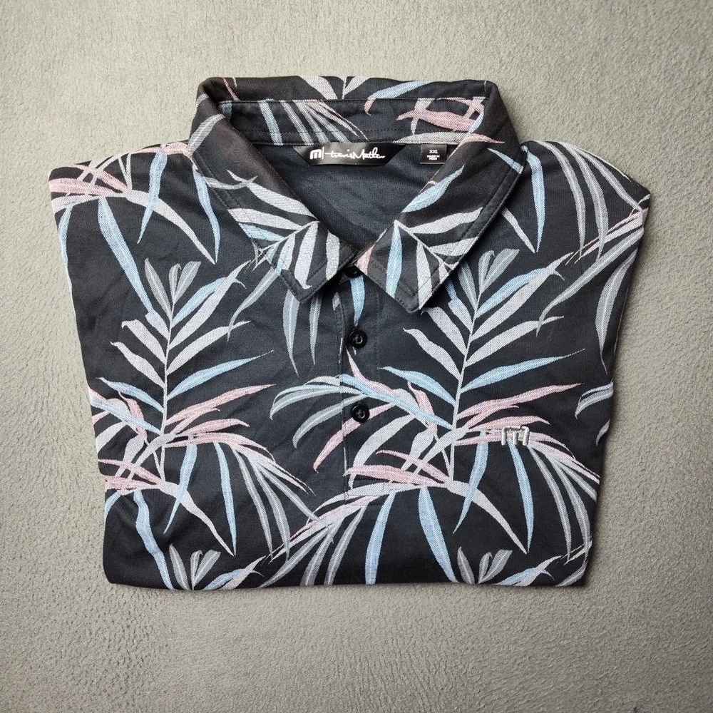 Travis Mathew Polo Shirt Men 2XL Black Pastel Palm Leaf Golf Stretch Royal Fox